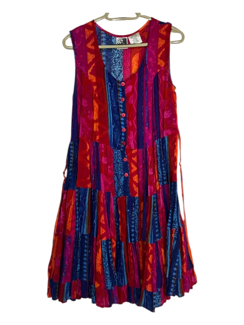 Vintage Sheer Phool India Rayon Tiered Boho Midi Dress Pink Blue Multi S